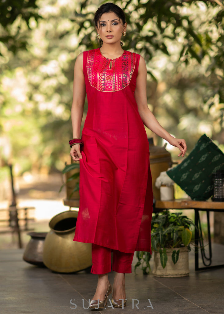 ON-SALE-magenta-cotton-silk-kurta-with-brocade-yoke-and-turquoise-jacket-pant-optional