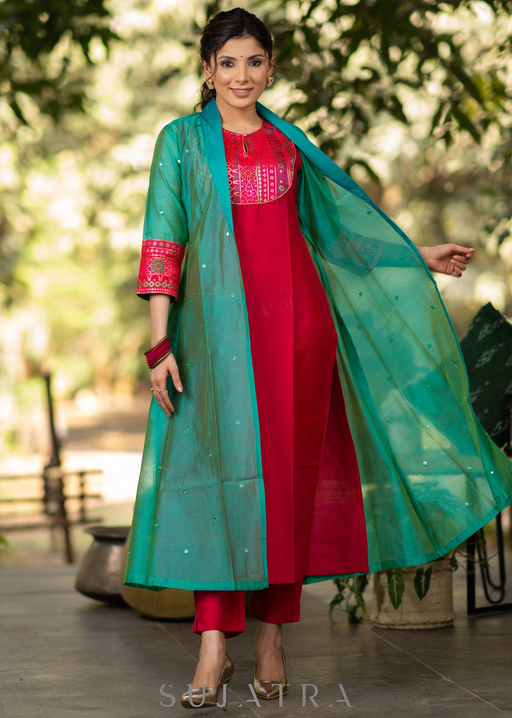 ON-SALE-magenta-cotton-silk-kurta-with-brocade-yoke-and-turquoise-jacket-pant-optional