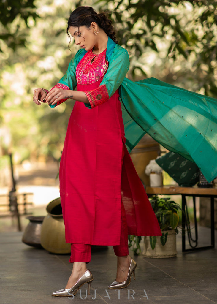 ON-SALE-magenta-cotton-silk-kurta-with-brocade-yoke-and-turquoise-jacket-pant-optional