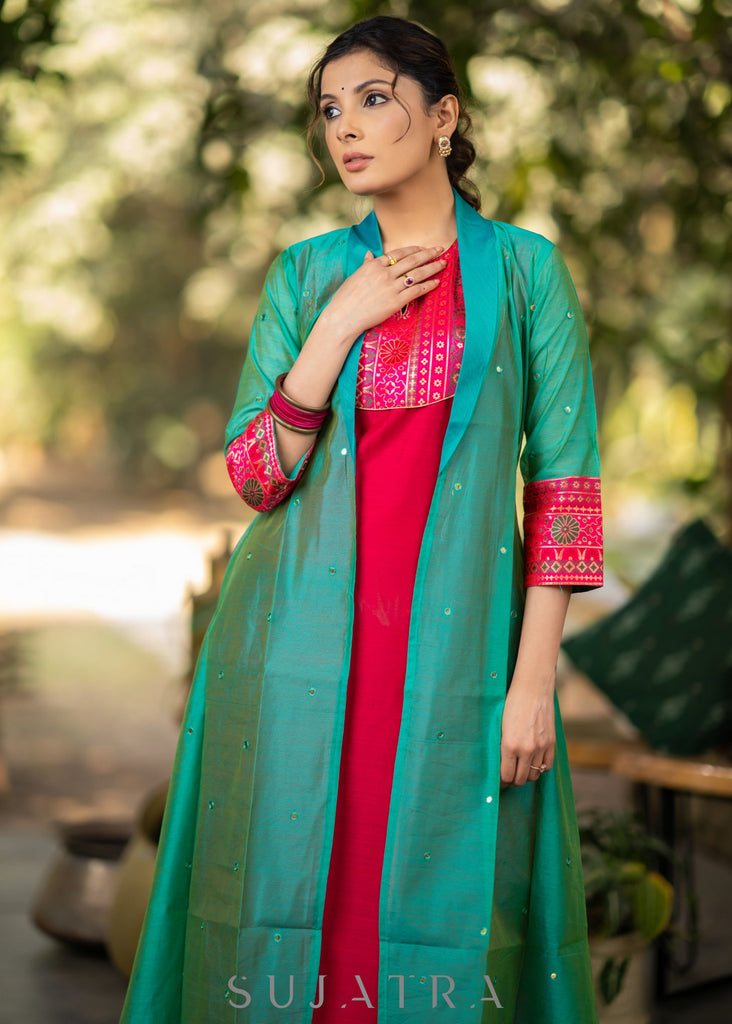 ON-SALE-magenta-cotton-silk-kurta-with-brocade-yoke-and-turquoise-jacket-pant-optional