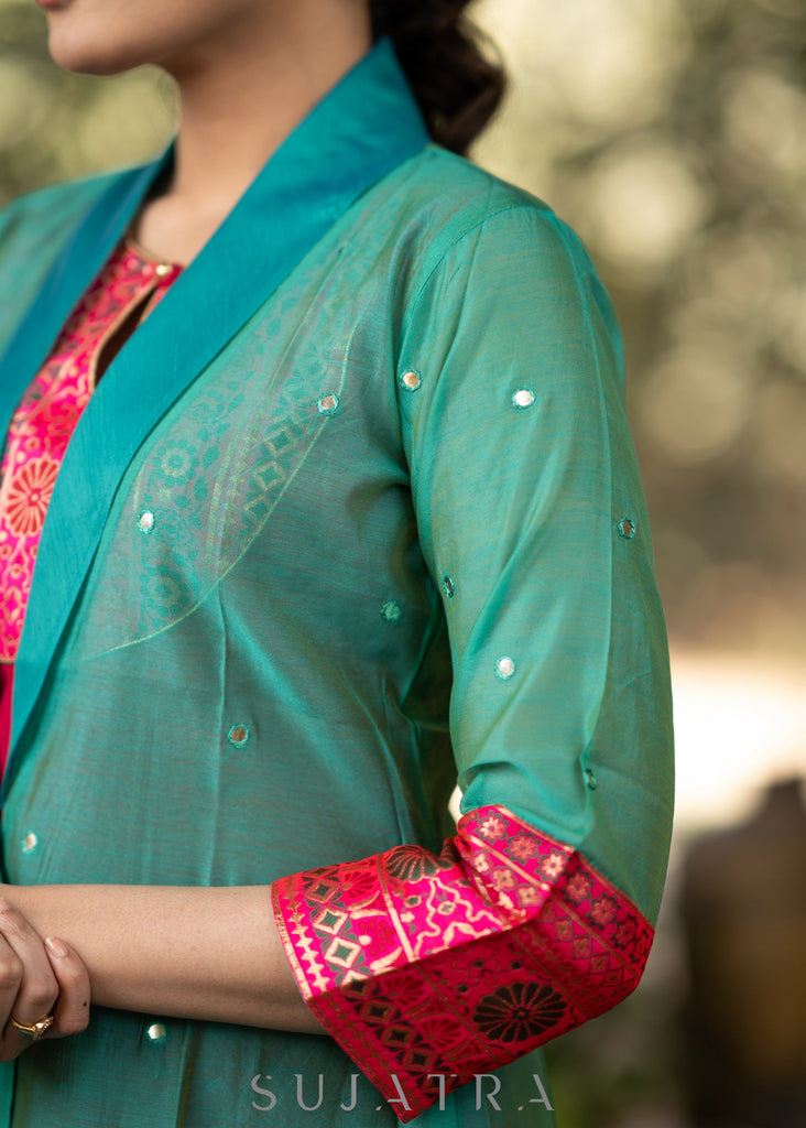 ON-SALE-magenta-cotton-silk-kurta-with-brocade-yoke-and-turquoise-jacket-pant-optional