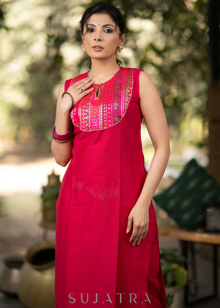 ON-SALE-magenta-cotton-silk-kurta-with-brocade-yoke-and-turquoise-jacket-pant-optional