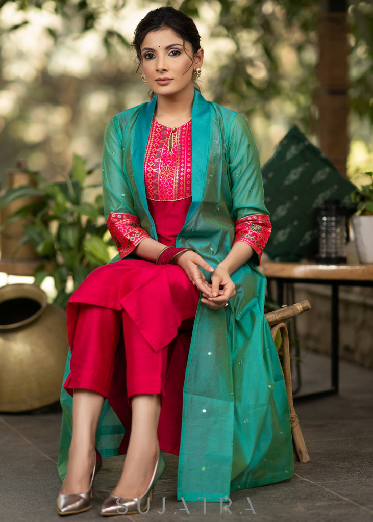 ON-SALE-magenta-cotton-silk-kurta-with-brocade-yoke-and-turquoise-jacket-pant-optional