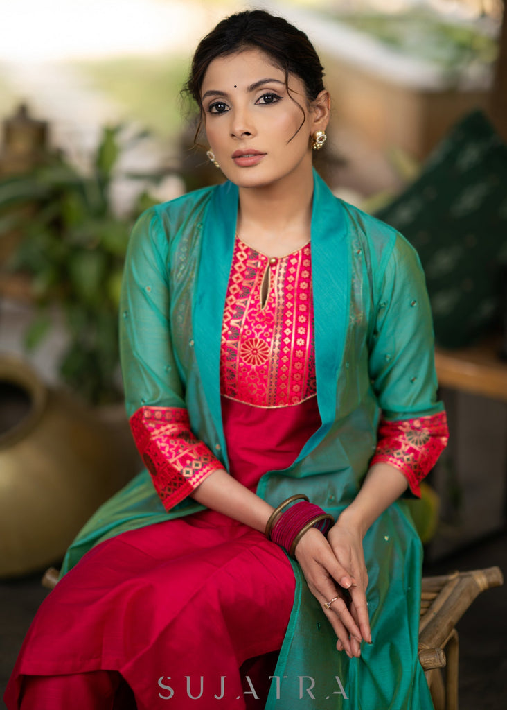 ON-SALE-magenta-cotton-silk-kurta-with-brocade-yoke-and-turquoise-jacket-pant-optional