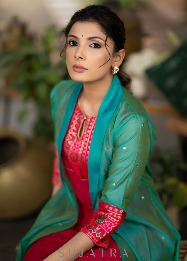 ON-SALE-magenta-cotton-silk-kurta-with-brocade-yoke-and-turquoise-jacket-pant-optional