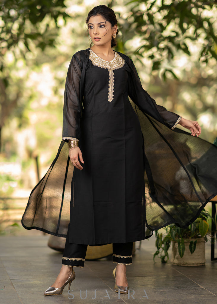 Black Cotton silk embroidered Kurta and Pant - Chanderi Jacket Optional