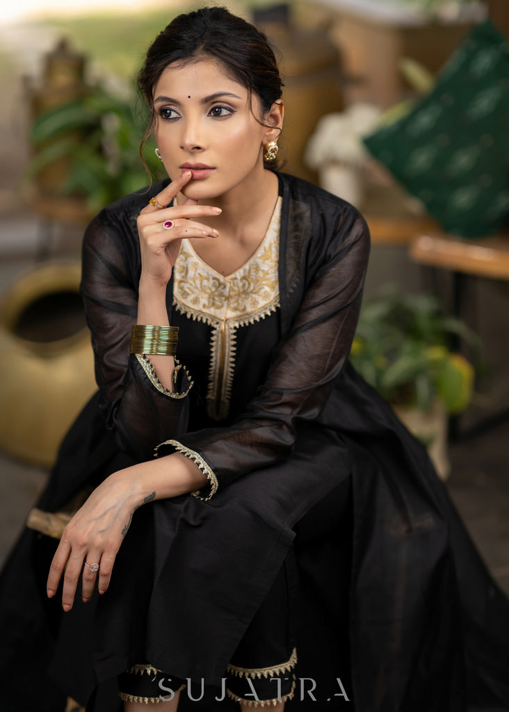 Black Cotton silk embroidered Kurta and Pant - Chanderi Jacket Optional