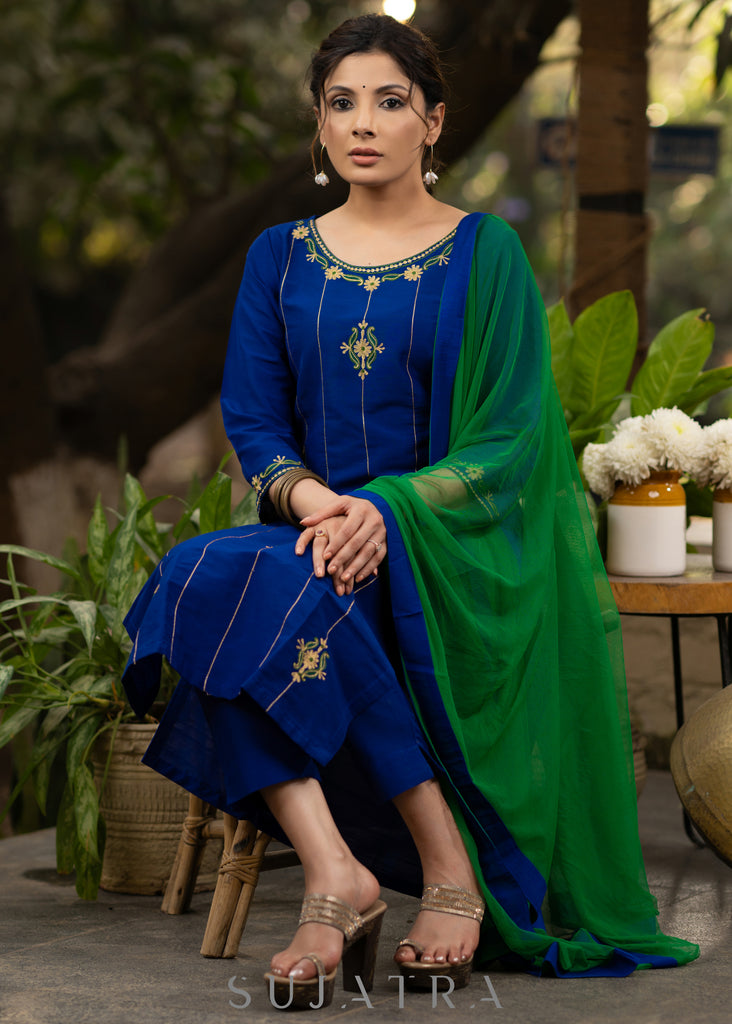 Blue Cotton silk embroidered kurta and Pant - Green Net Dupatta Optional