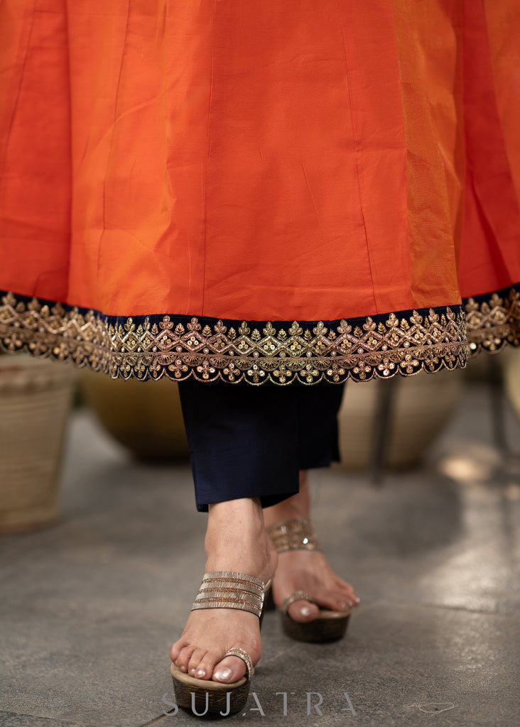 Orange chanderi kurta with brocade yoke and navy Blue Georgette Dupatta - Pant Optional