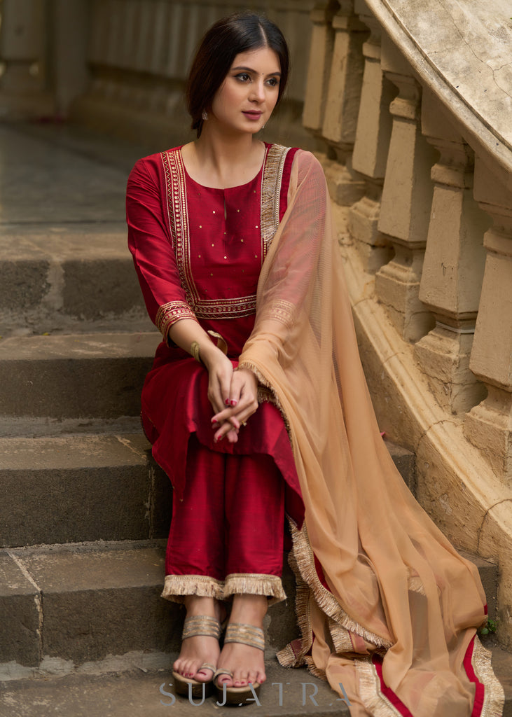 Opulent maroon hand-embroidered silk blend kurta with matching pants - Dupatta optional