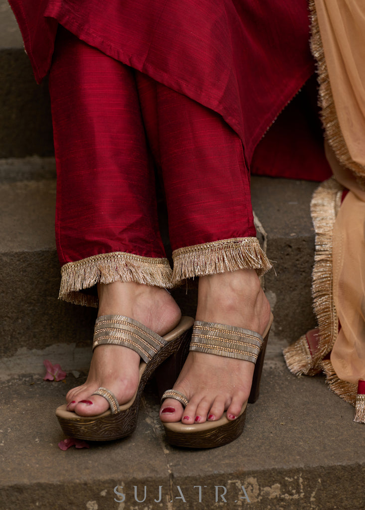 Opulent maroon hand-embroidered silk blend kurta with matching pants - Dupatta optional