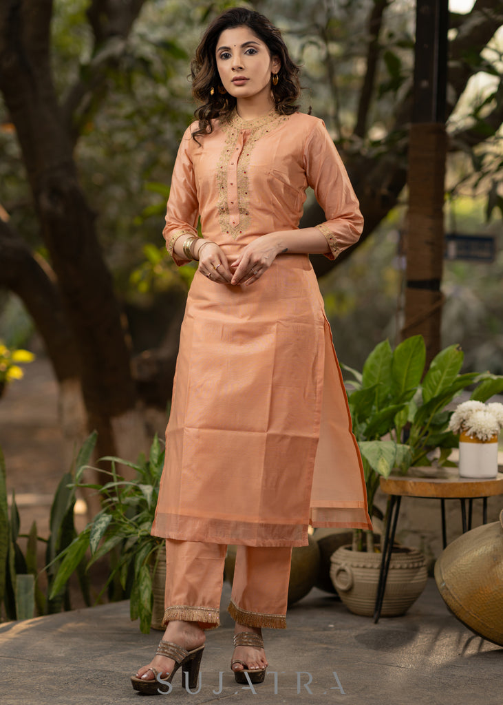 Embroiderd Peach chanderi kurta with pant-   Embroidered chanderi dupatta optional