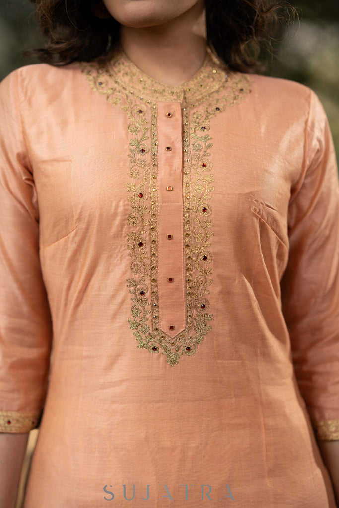 Embroiderd Peach chanderi kurta with pant-   Embroidered chanderi dupatta optional