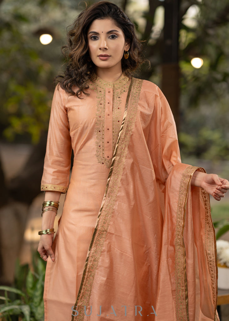 ON-SALE-embroiderd-peach-chanderi-kurta-with-pant-embroidered-chanderi-dupatta-optional