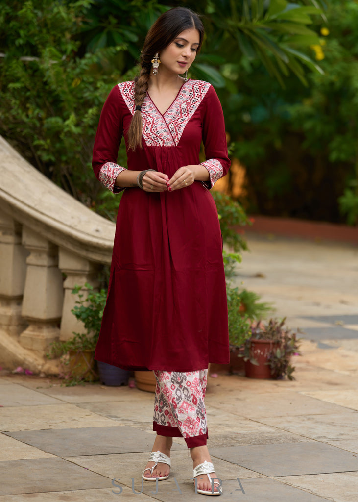 Maroon rayon kurta paired with Hakoba printed pants for effortless elegance - Duppata Optional