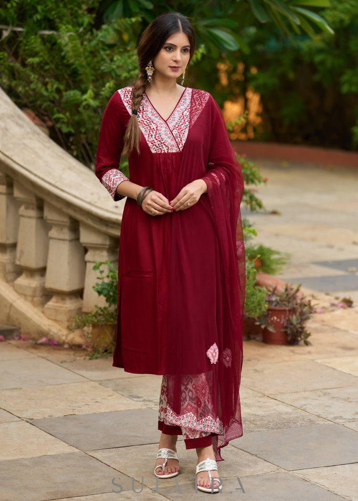 Maroon rayon kurta paired with Hakoba printed pants for effortless elegance - Duppata Optional