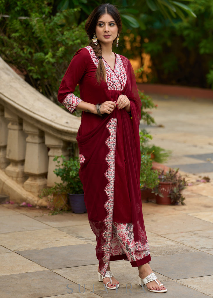 Maroon rayon kurta paired with Hakoba printed pants for effortless elegance - Duppata Optional