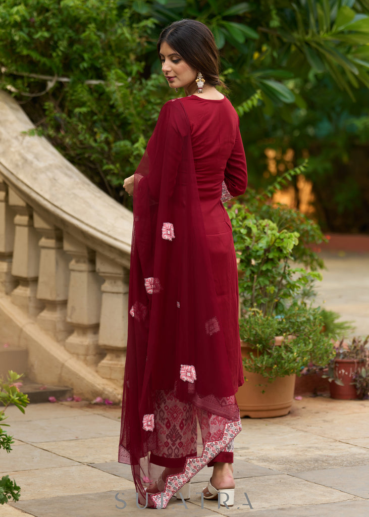 Maroon rayon kurta paired with Hakoba printed pants for effortless elegance - Duppata Optional