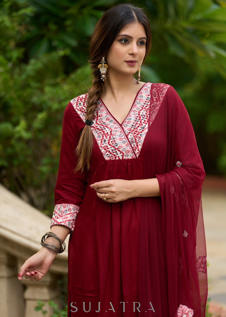 Maroon rayon kurta paired with Hakoba printed pants for effortless elegance - Duppata Optional