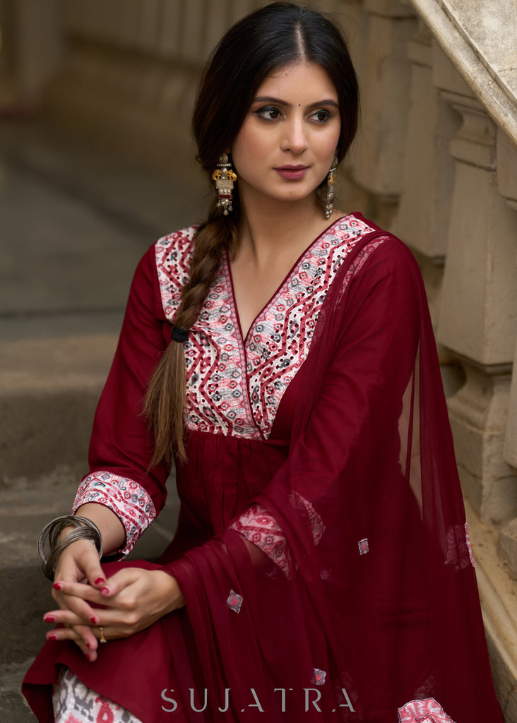 Maroon rayon kurta paired with Hakoba printed pants for effortless elegance - Duppata Optional