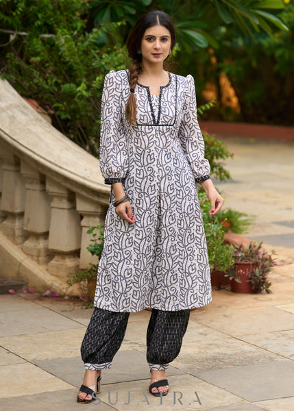 Versatile & stylish white hakoba bandhani printed kurta with Ikat Afghani pants -Dupatta Optional