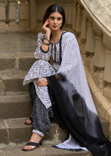 Versatile & stylish white hakoba bandhani printed kurta with Ikat Afghani pants -Dupatta Optional