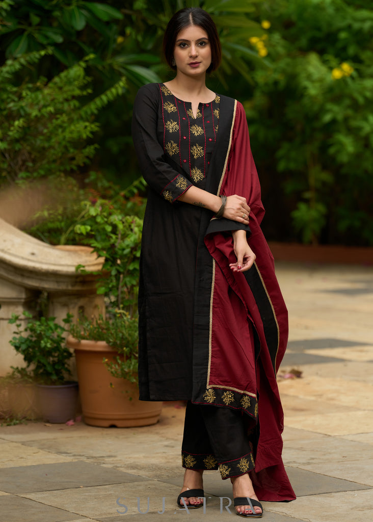 Black embroidered cotton kurta, paired with matching pants - Dupatta Optional