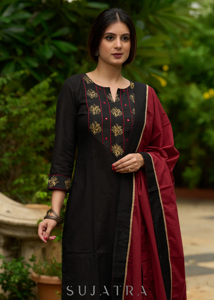 Black embroidered cotton kurta, paired with matching pants - Dupatta Optional