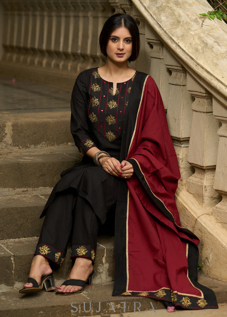 Black embroidered cotton kurta, paired with matching pants - Dupatta Optional