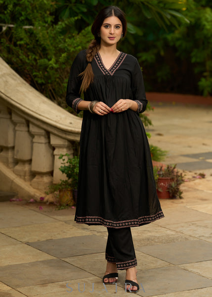 Black modal printed kurta perfectly paired with matching Pants for a regal elegance - Dupatta Optional