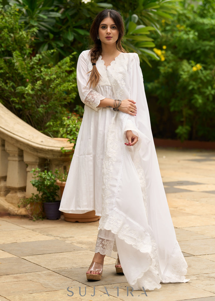 White self-textured lace yoke kurta, paired with matching pants - Dupatta Optional