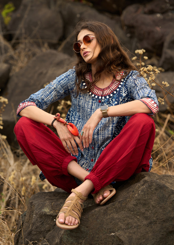 Indigo mix & match top with necklace embroidery- Pant optional