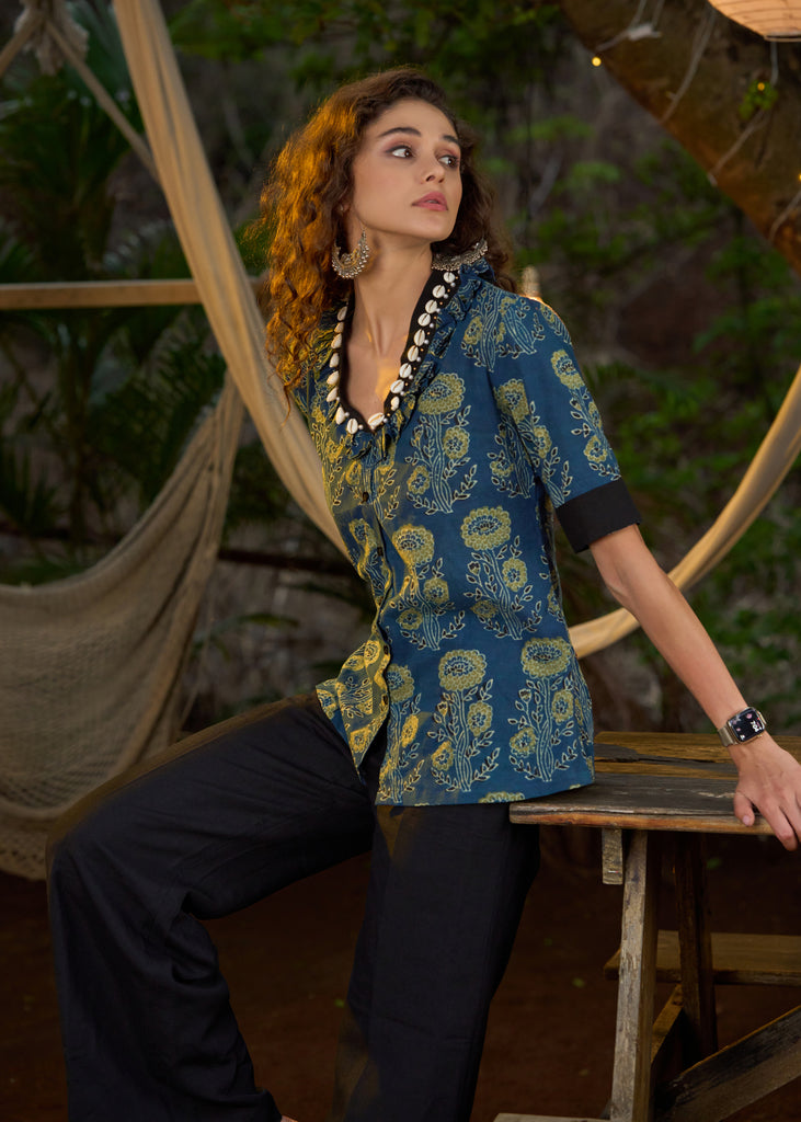 Elegant Blue Ajrakh top with hand embroidery on neckline- Pant optional