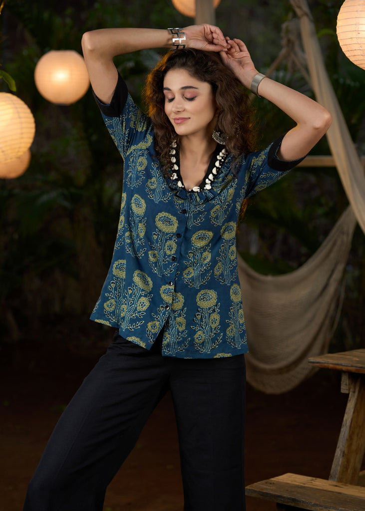 Elegant Blue Ajrakh top with hand embroidery on neckline- Pant optional