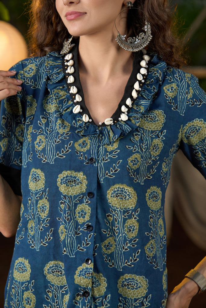 Elegant Blue Ajrakh top with hand embroidery on neckline- Pant optional