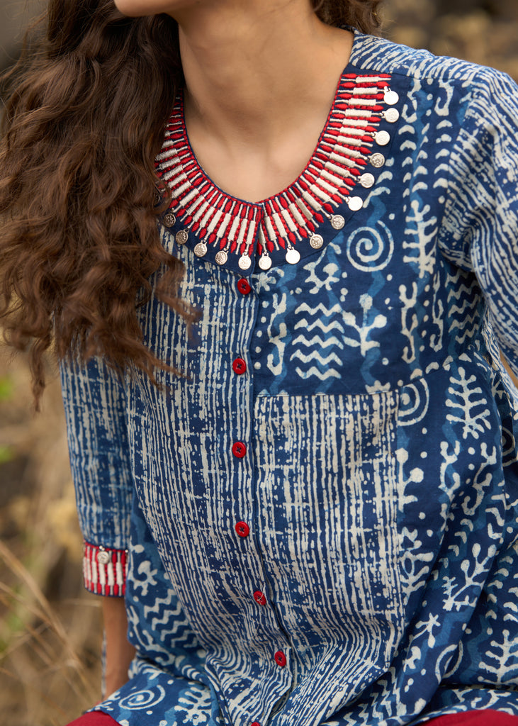 Indigo mix & match top with necklace embroidery- Pant optional