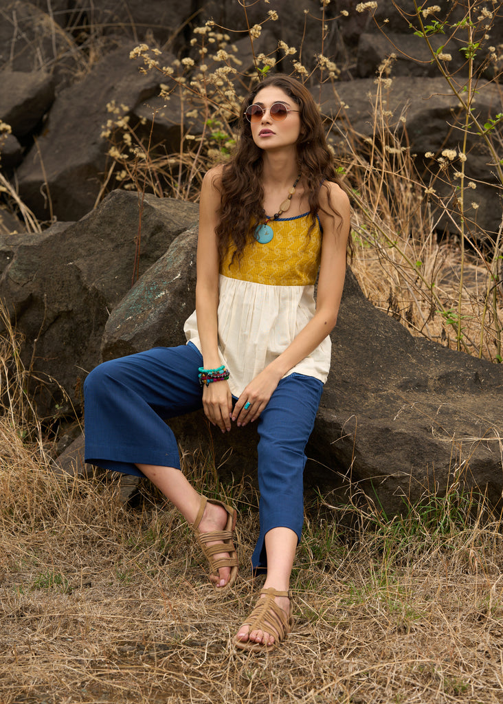 Trendy kantha top in mustard yellow & blue colour - Pant optional