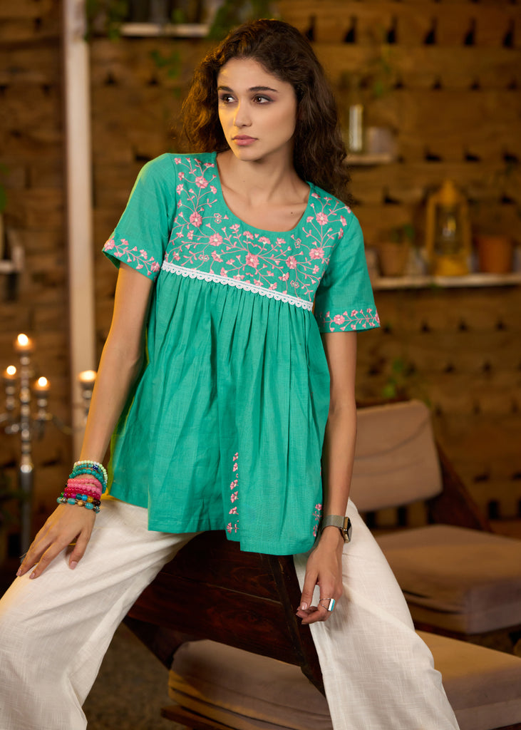 Teal green half sleeve top with pink embroidery-Pant optional