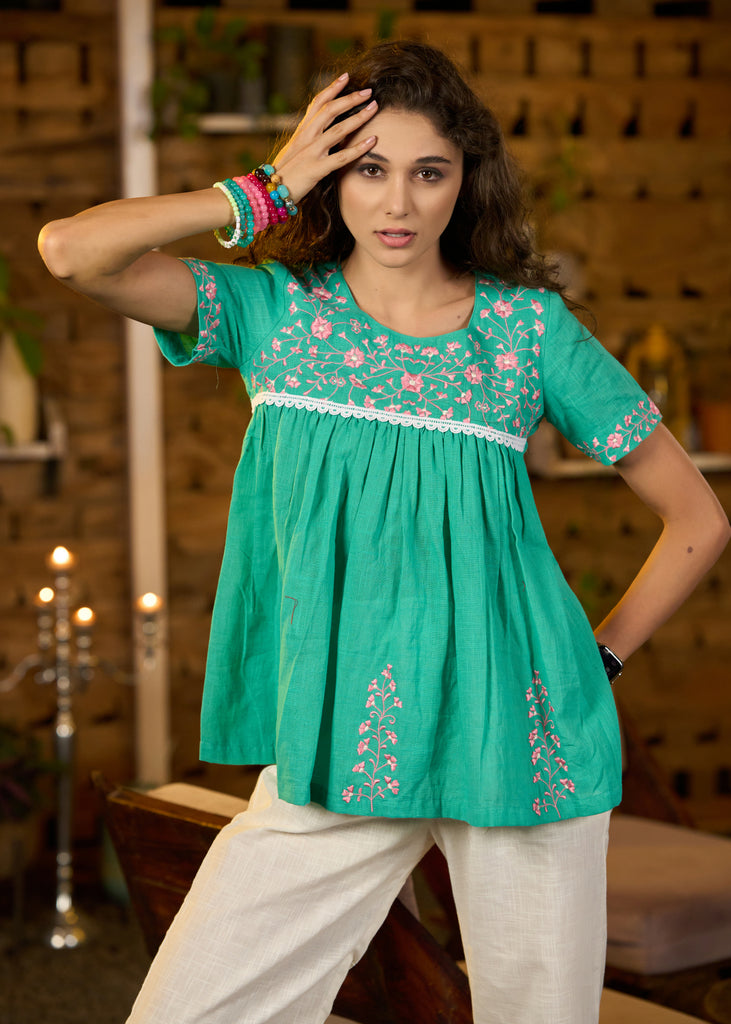 Teal green half sleeve top with pink embroidery-Pant optional