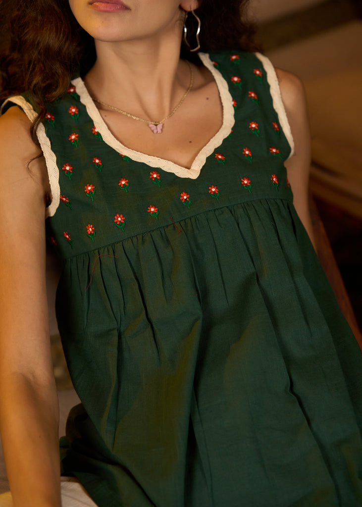 Sleeveless forest green top with embroidery-Pant optional