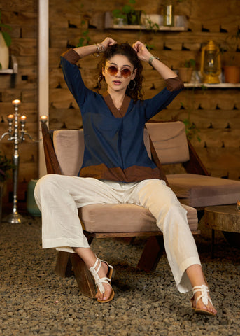 Classy Navy blue & rust cotton top with threadwork - Pant optional