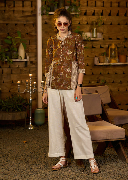 Brown floral printed top with zig zag ajrakh on sides -Pant optional