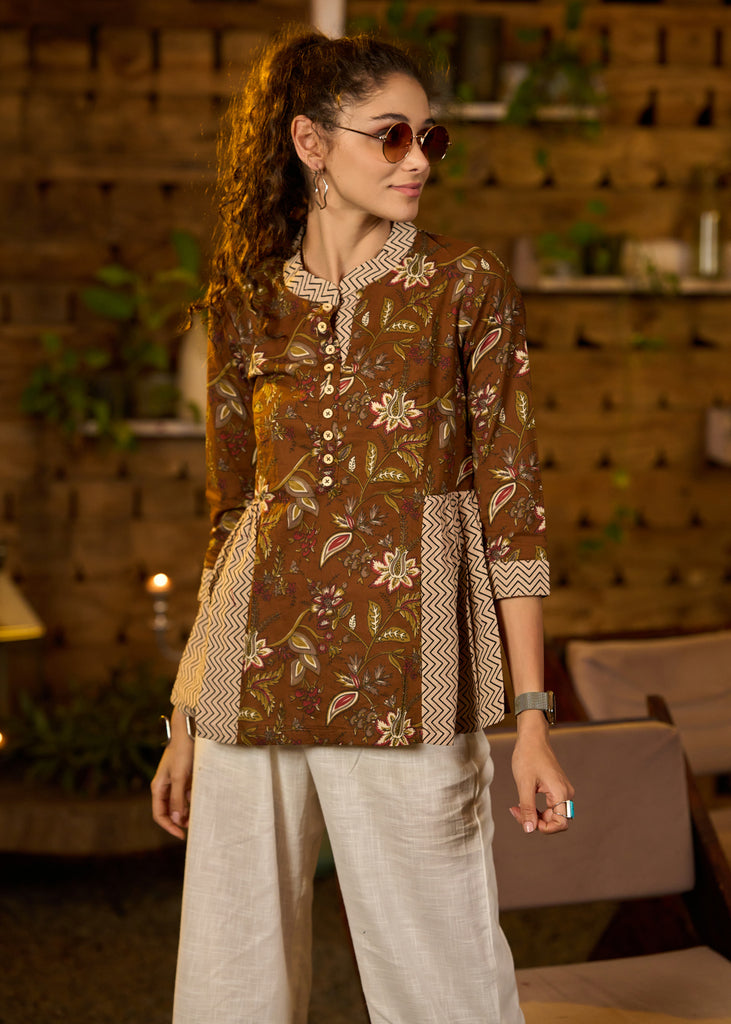 Brown floral printed top with zig zag ajrakh on sides -Pant optional