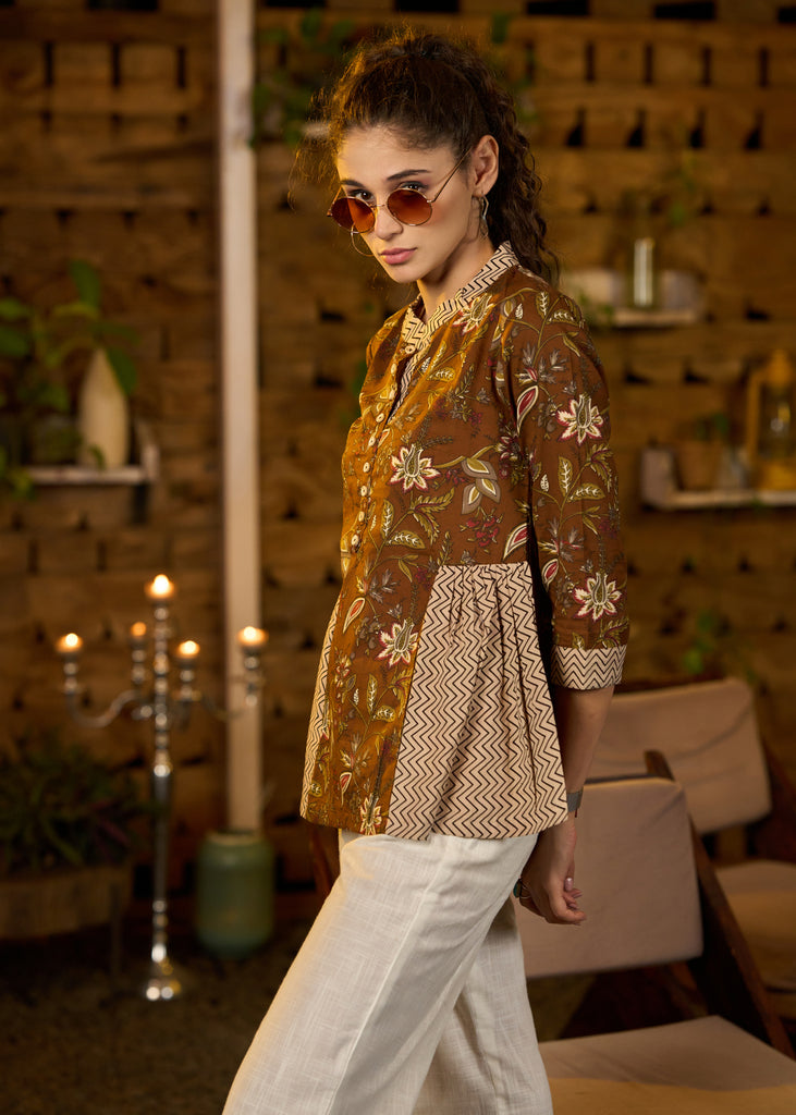 Brown floral printed top with zig zag ajrakh on sides -Pant optional