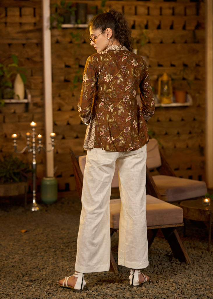 Brown floral printed top with zig zag ajrakh on sides -Pant optional