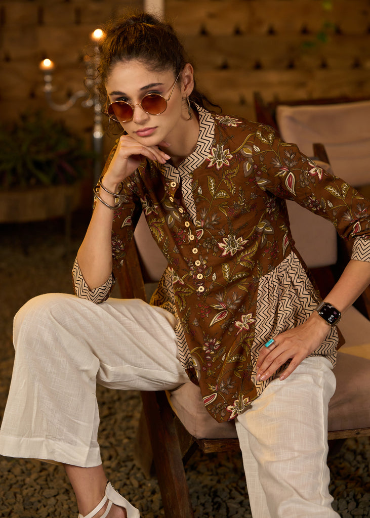 Brown floral printed top with zig zag ajrakh on sides -Pant optional