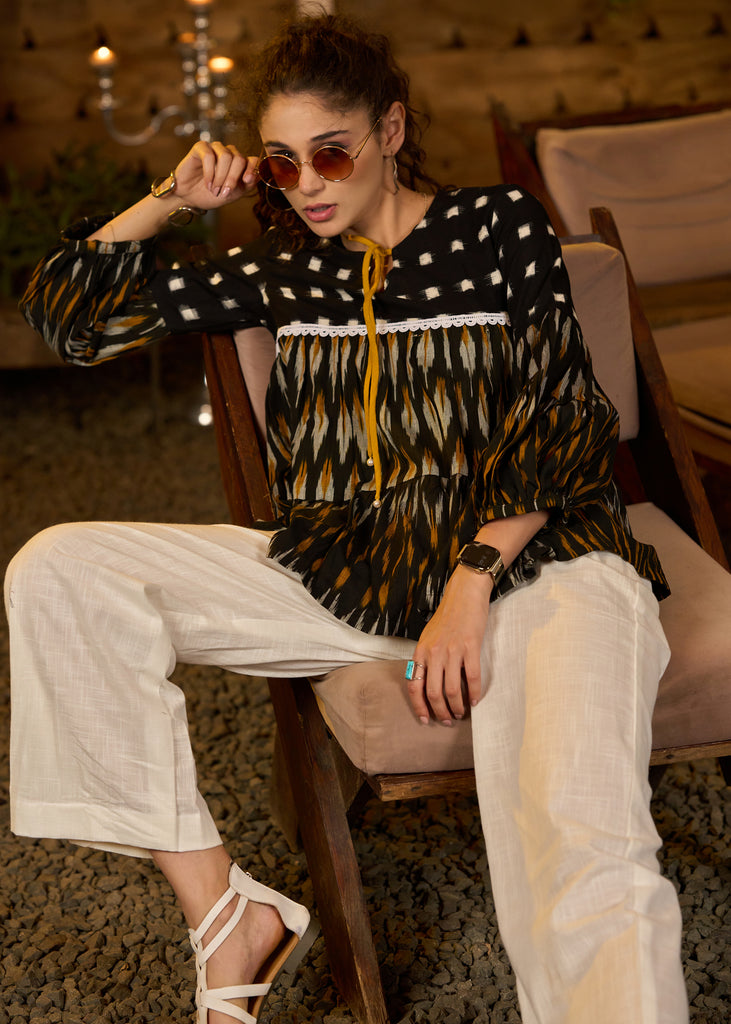 Black & Mustard ikat tiered top with front tie-ups - Pant optional