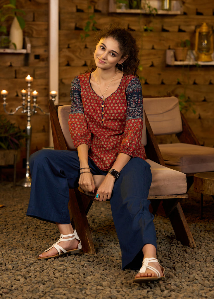 Maroon printed top with contrast details on sleeves - Pant optional