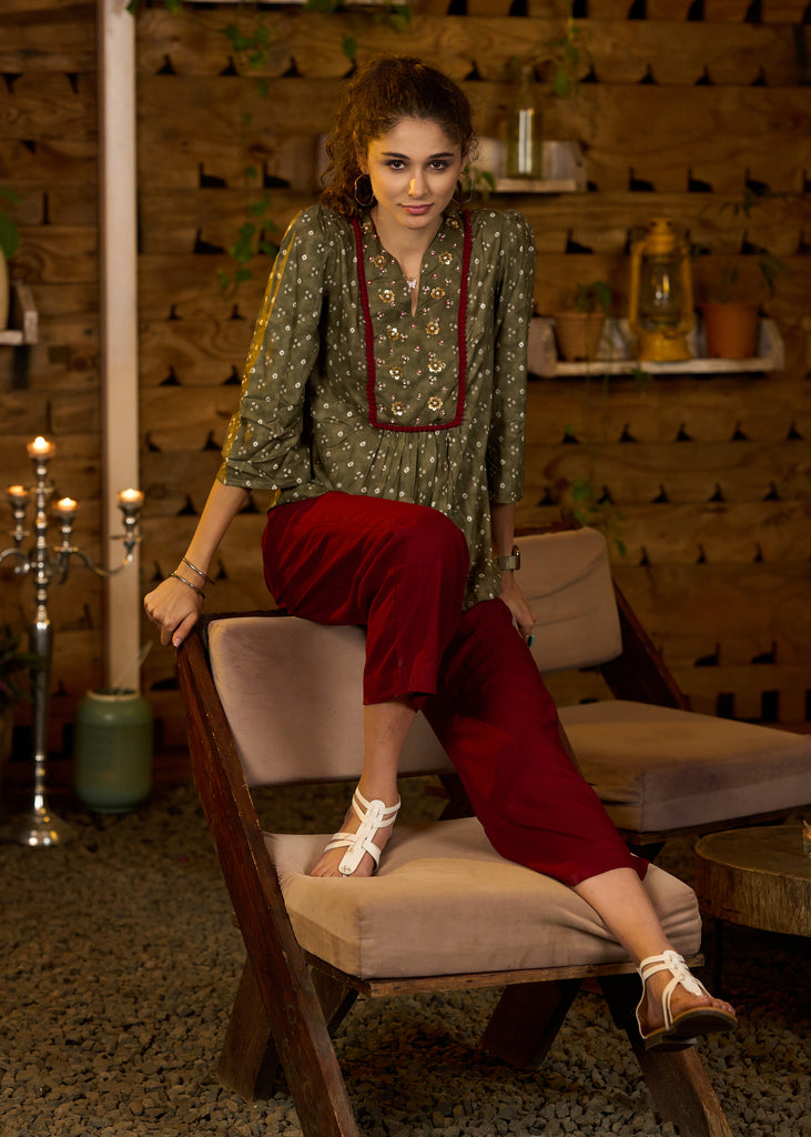 Mehendi green bandhani print top with embroidered yoke