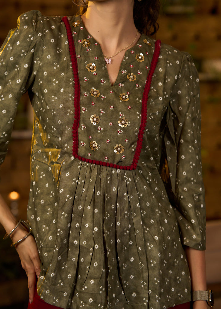 Mehendi green bandhani print top with embroidered yoke